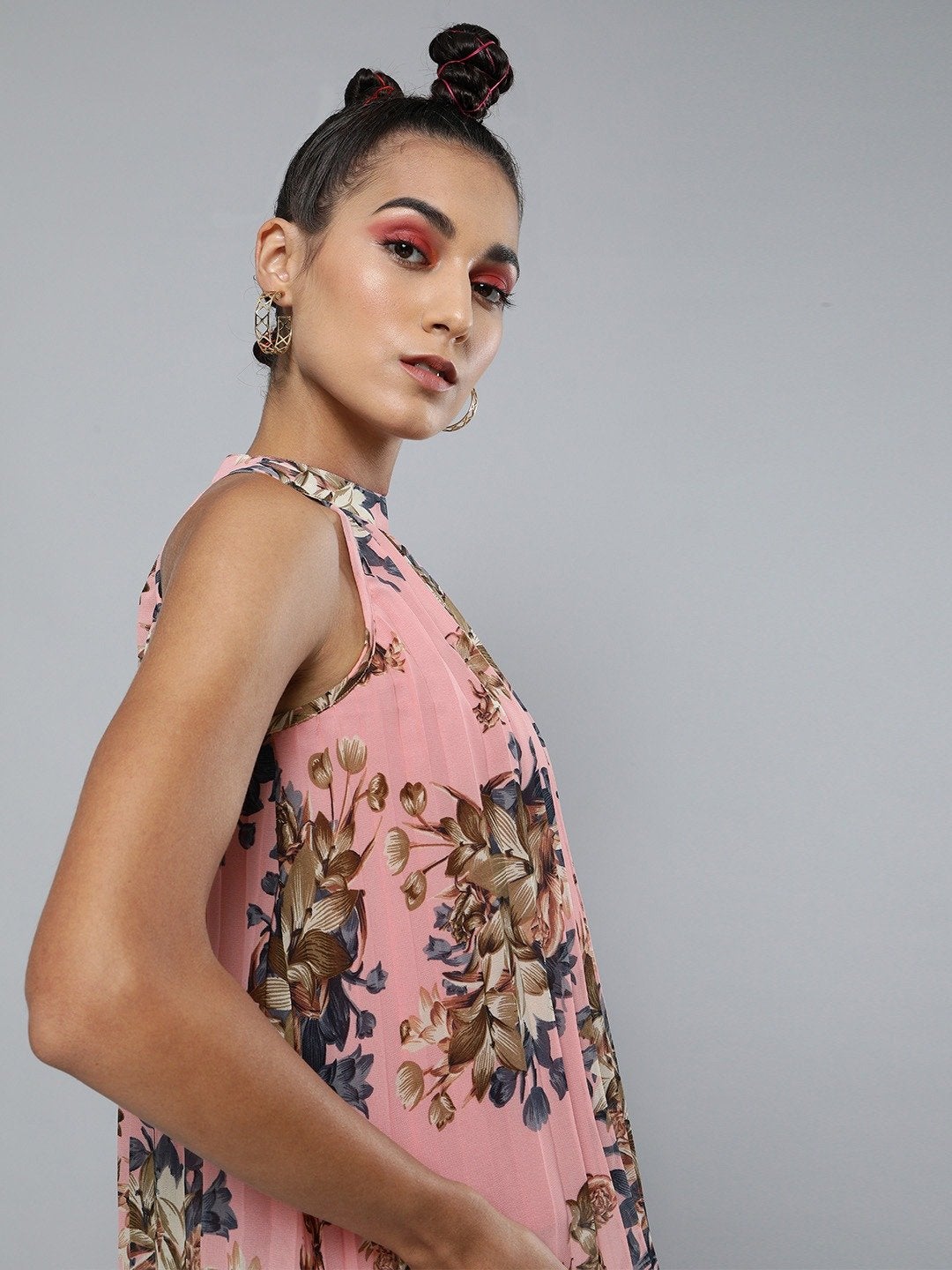 Women's Pink Floral Pleated Halter Top