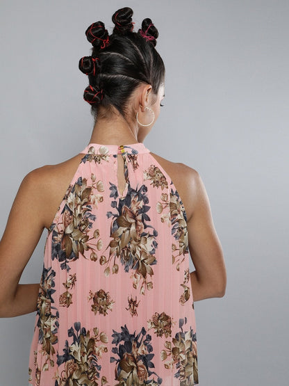 Women's Pink Floral Pleated Halter Top