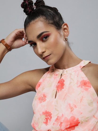 Women's Light Pink Floral Halter Neck Pleated Top