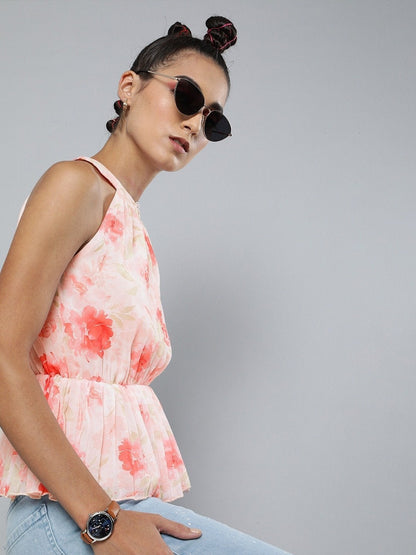 Women's Light Pink Floral Halter Neck Pleated Top