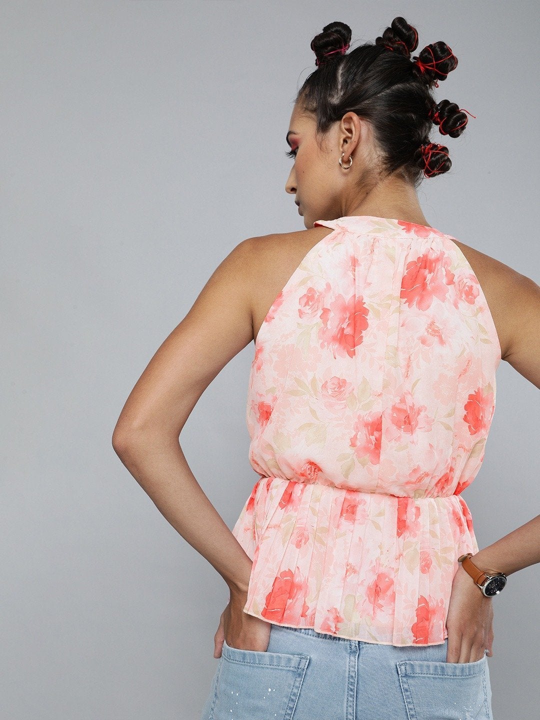 Women's Light Pink Floral Halter Neck Pleated Top