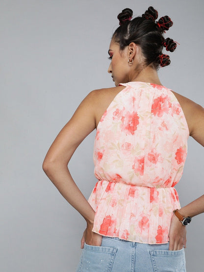 Women's Light Pink Floral Halter Neck Pleated Top