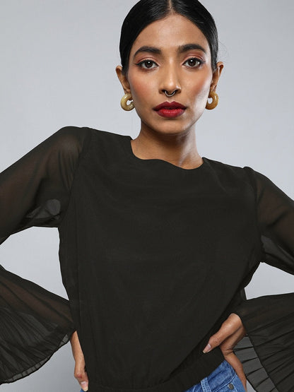 Women's Black Pleated-Sleeves Crop Top