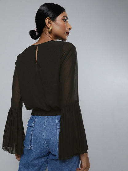 Women's Black Pleated-Sleeves Crop Top