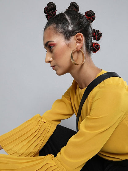 Women's Mustard Pleated-Sleeves Crop Top