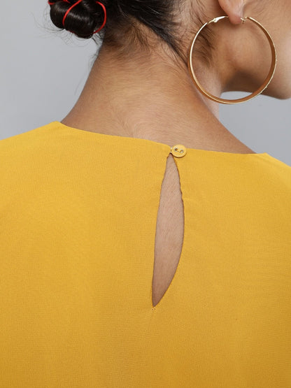Women's Mustard Pleated-Sleeves Crop Top