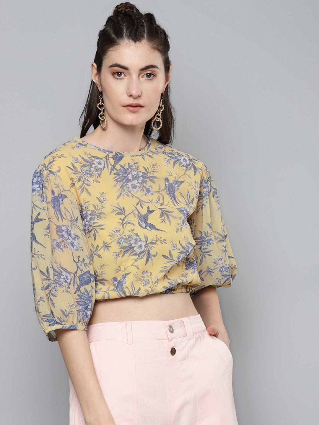 Women's Yellow Floral Balloon Sleeve Blouse