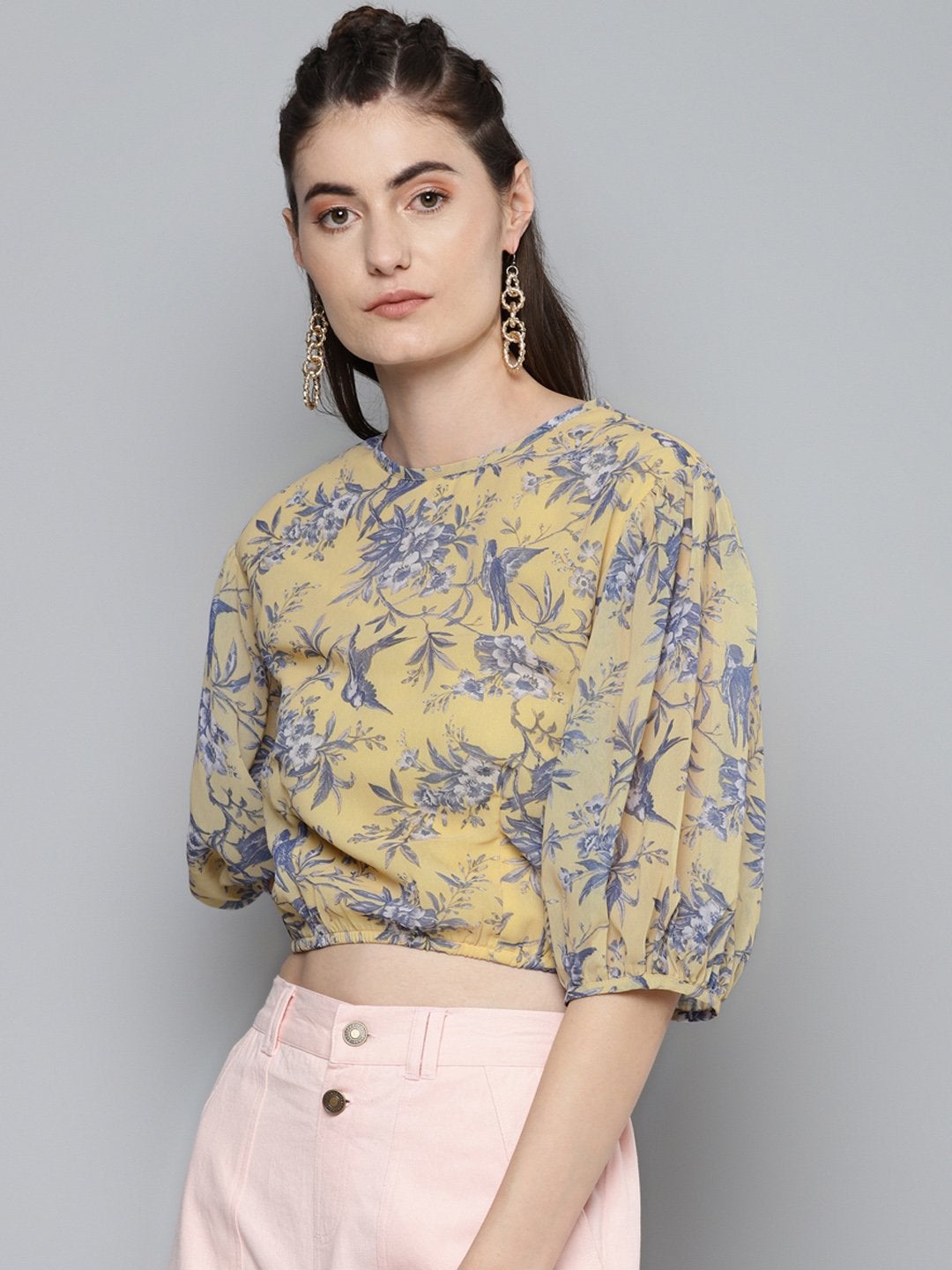 Women's Yellow Floral Balloon Sleeve Blouse