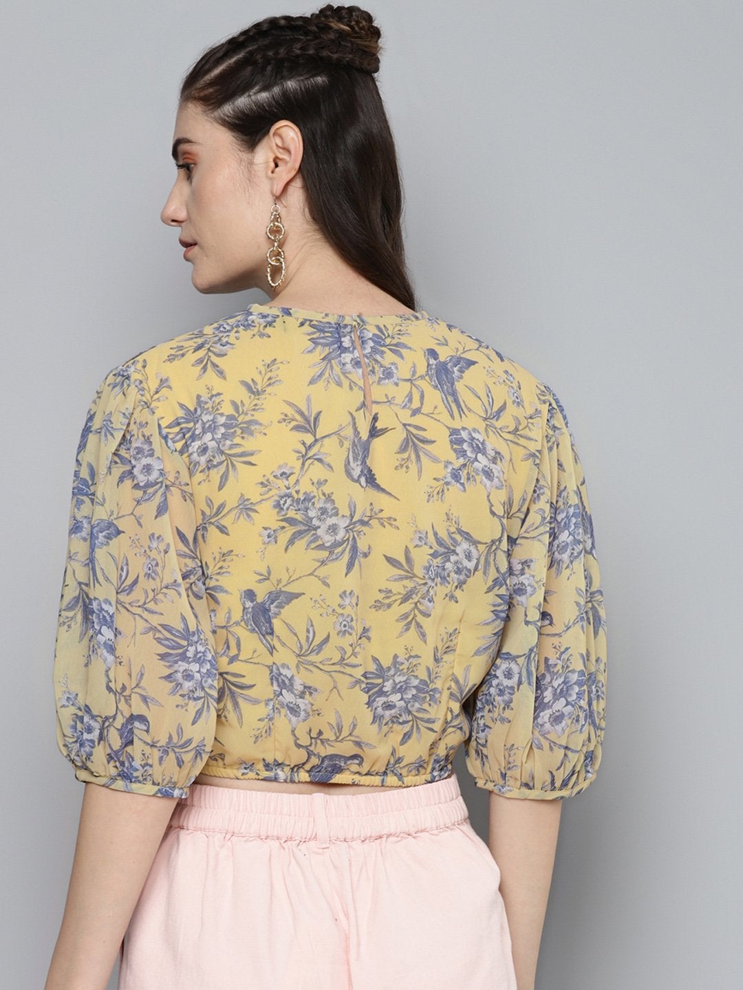 Women's Yellow Floral Balloon Sleeve Blouse