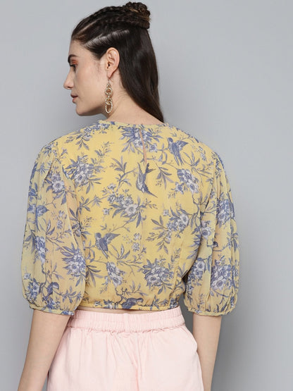 Women's Yellow Floral Balloon Sleeve Blouse