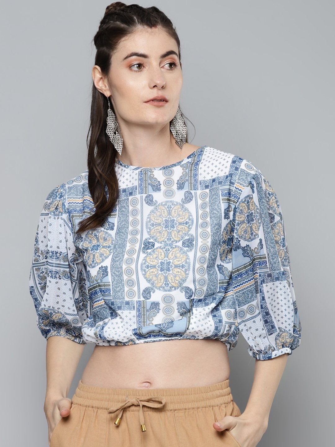 Women's Blue Patch Print Balloon Sleeve Blouse