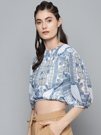 Women's Blue Patch Print Balloon Sleeve Blouse