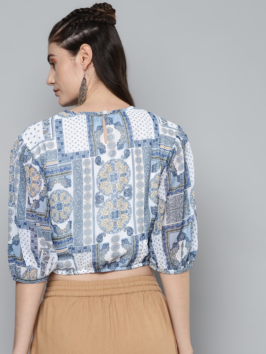 Women's Blue Patch Print Balloon Sleeve Blouse