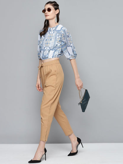 Women's Blue Patch Print Balloon Sleeve Blouse