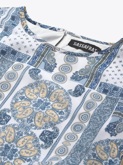 Women's Blue Patch Print Balloon Sleeve Blouse