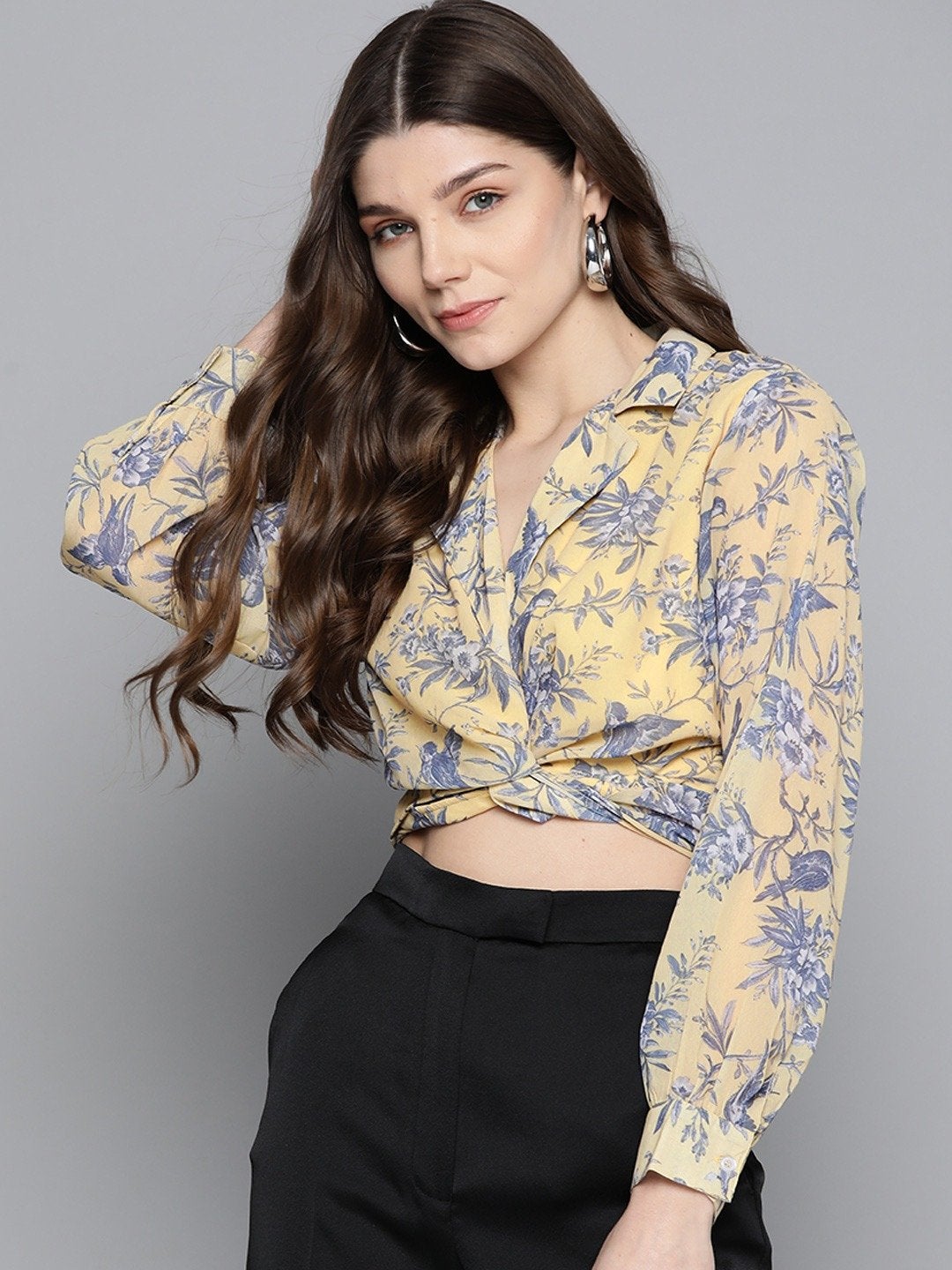 Women's Yellow Floral Tie Knot Crop Shirt Top