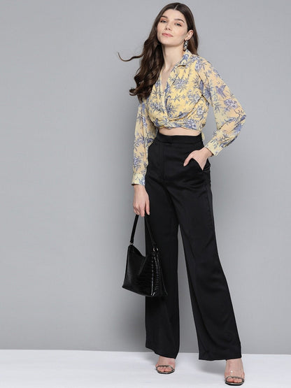 Women's Yellow Floral Tie Knot Crop Shirt Top