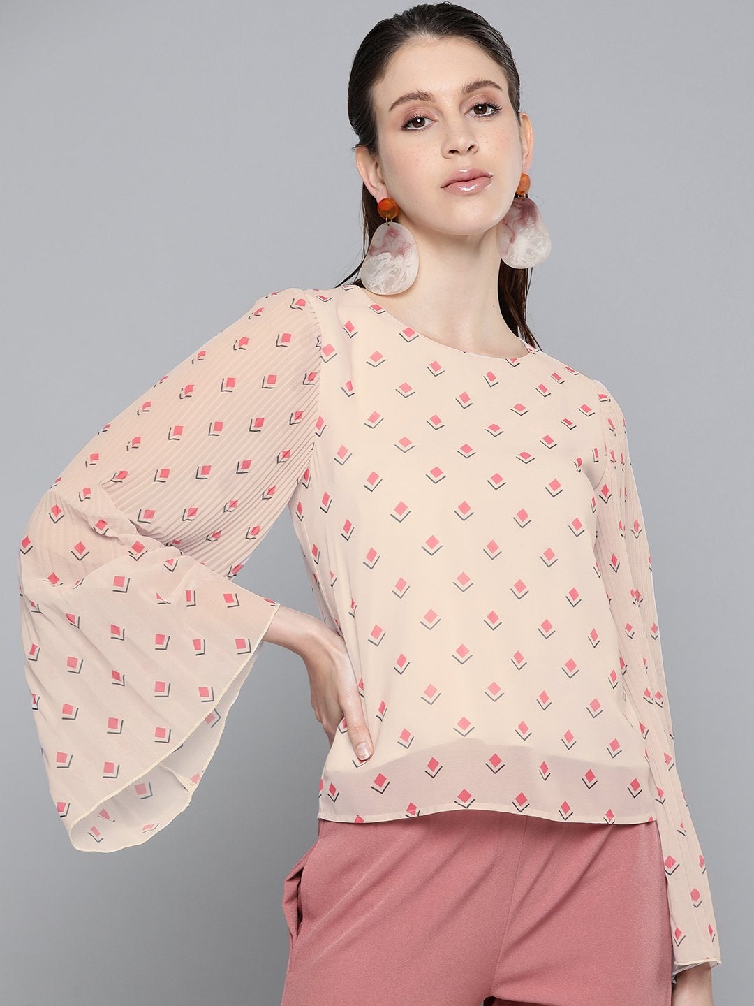 Women's Beige Diamond Print Print Pleated Top