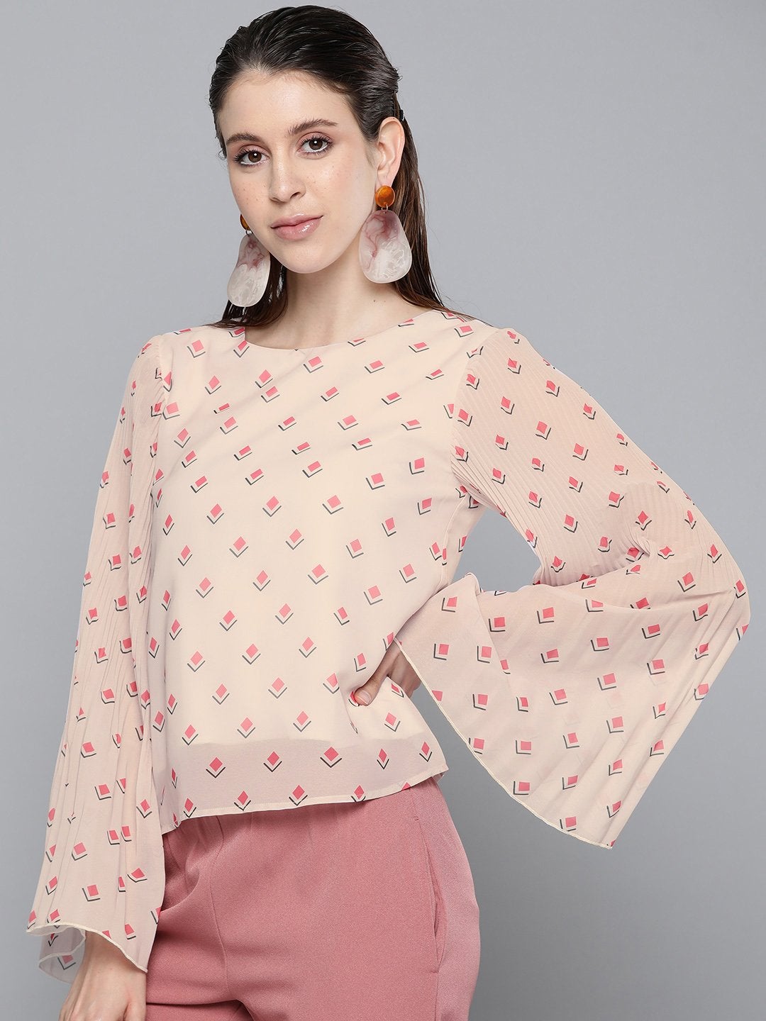 Women's Beige Diamond Print Print Pleated Top