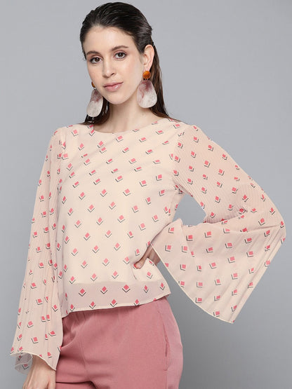 Women's Beige Diamond Print Print Pleated Top