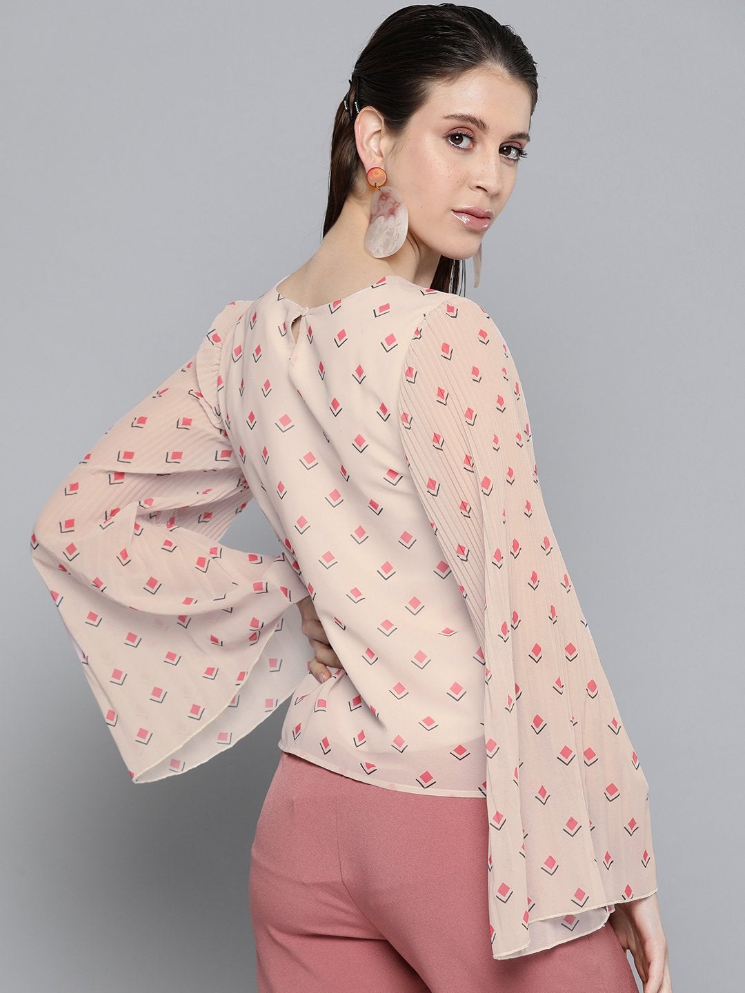 Women's Beige Diamond Print Print Pleated Top