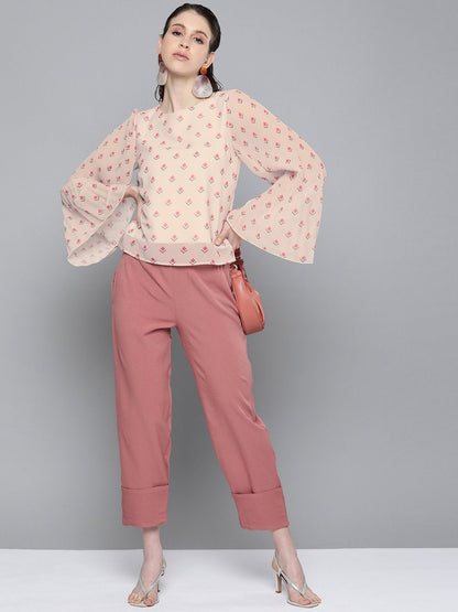Women's Beige Diamond Print Print Pleated Top