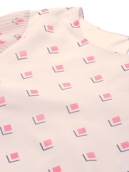Women's Beige Diamond Print Print Pleated Top