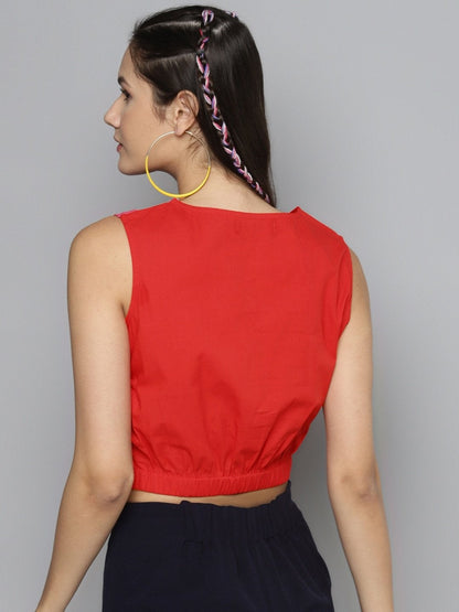 Women's Red & Fuchsia Color Block Front Knot Top