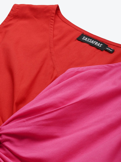 Women's Red & Fuchsia Color Block Front Knot Top