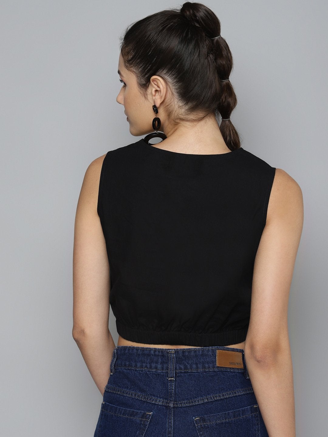 Women's Black & Yellow Color Block Front Knot Top
