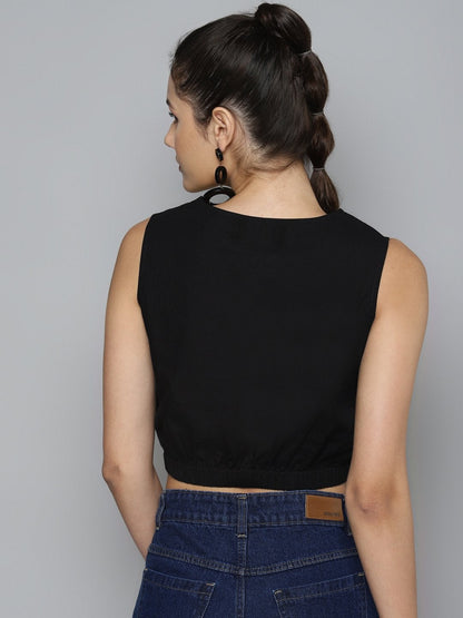 Women's Black & Yellow Color Block Front Knot Top