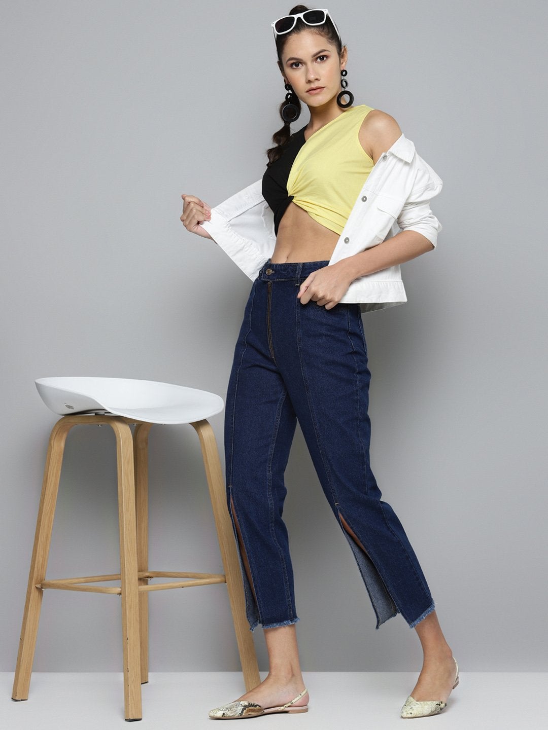 Women's Black & Yellow Color Block Front Knot Top