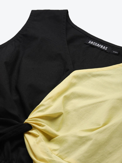 Women's Black & Yellow Color Block Front Knot Top