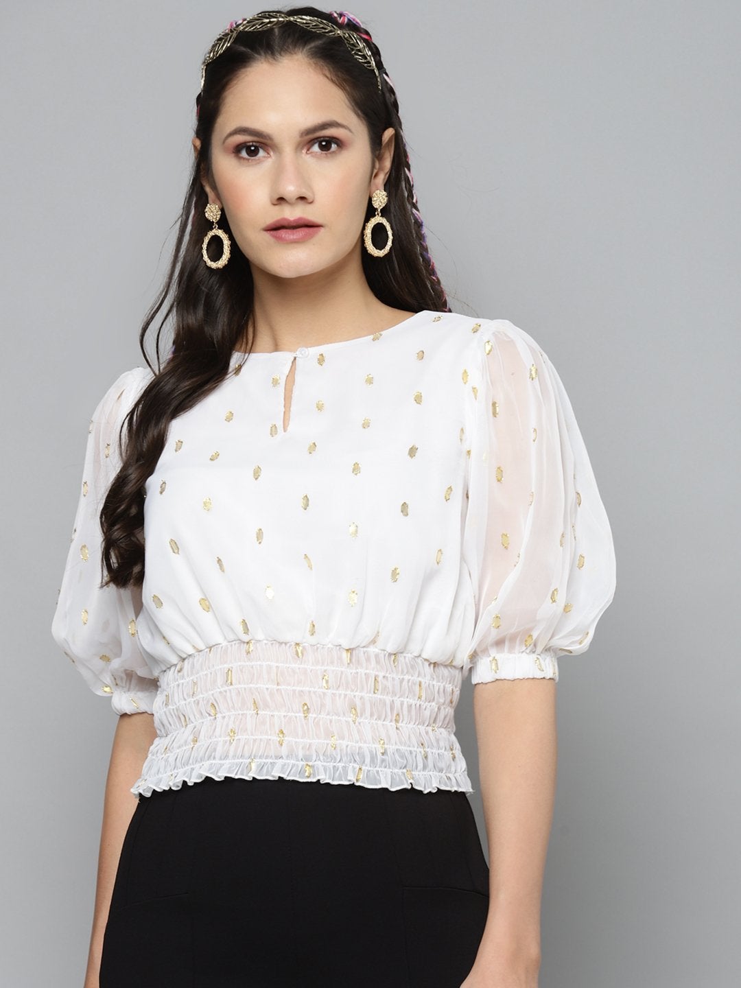 Women's White Lurex Smocked Waist Top