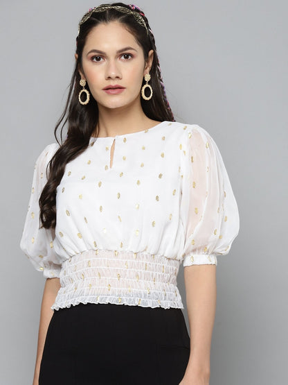Women's White Lurex Smocked Waist Top