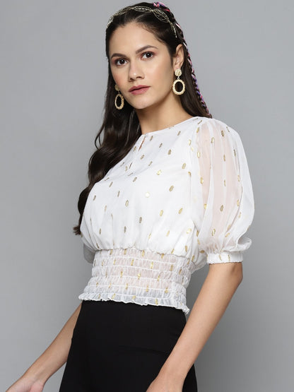 Women's White Lurex Smocked Waist Top