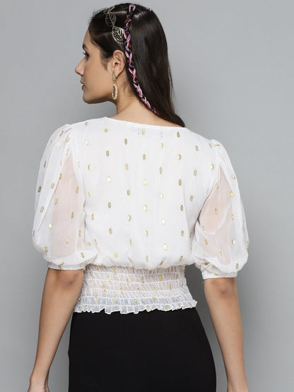Women's White Lurex Smocked Waist Top