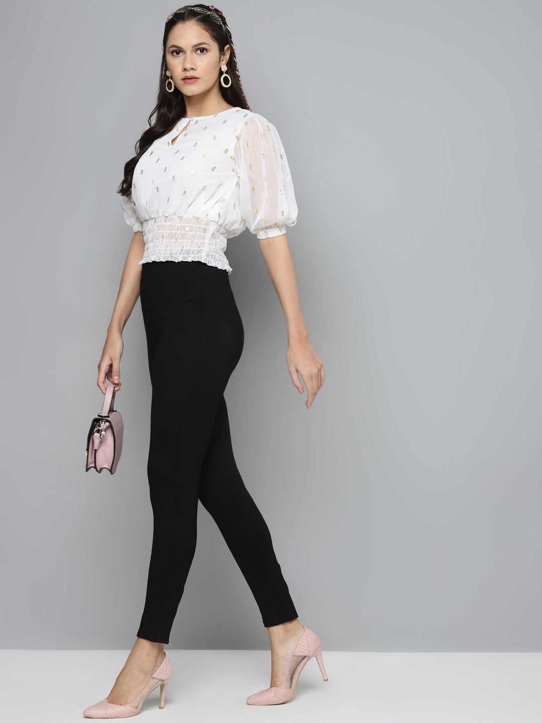 Women's White Lurex Smocked Waist Top
