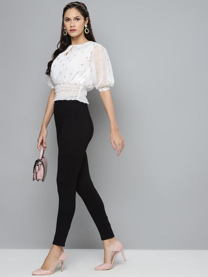Women's White Lurex Smocked Waist Top