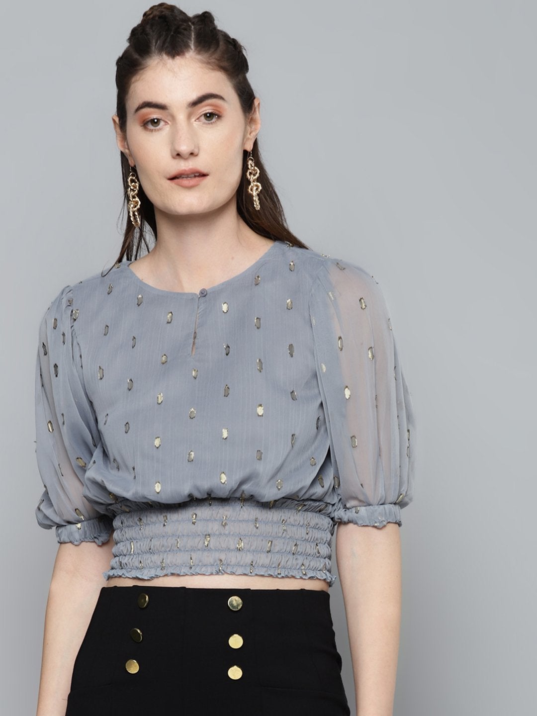 Women's Grey Lurex Smocked Waist Top