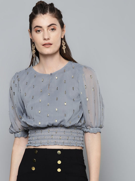 Women's Grey Lurex Smocked Waist Top