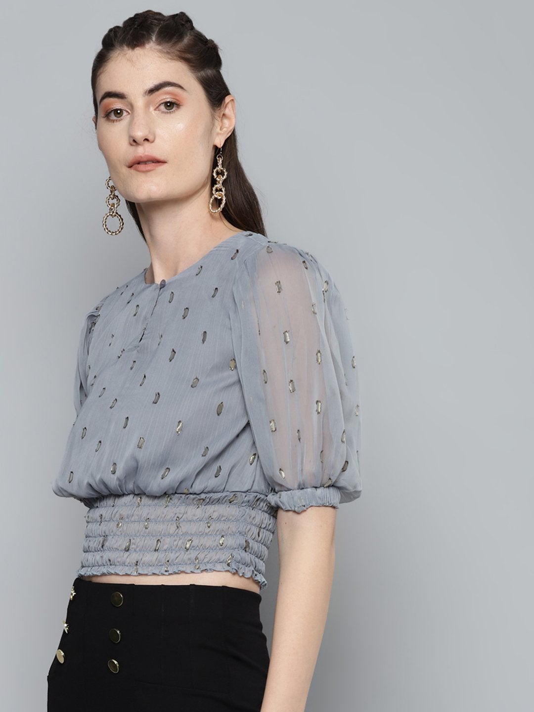 Women's Grey Lurex Smocked Waist Top