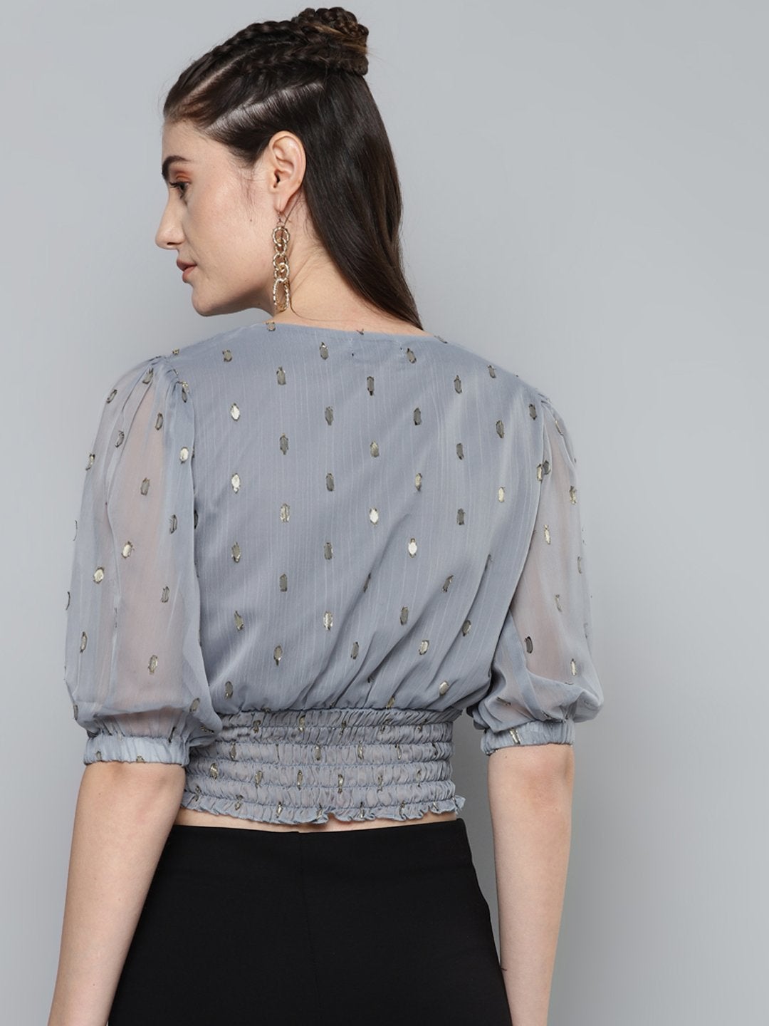 Women's Grey Lurex Smocked Waist Top
