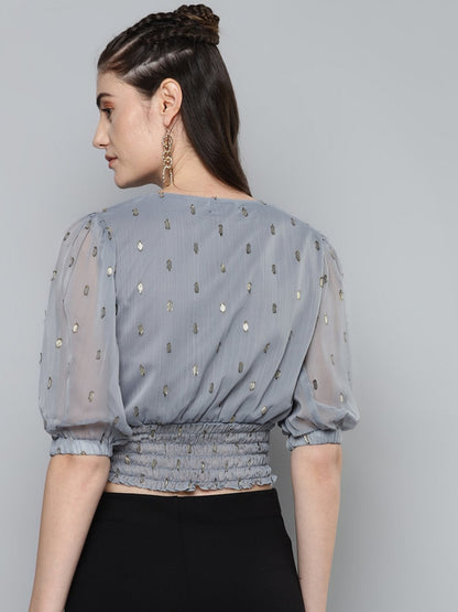 Women's Grey Lurex Smocked Waist Top