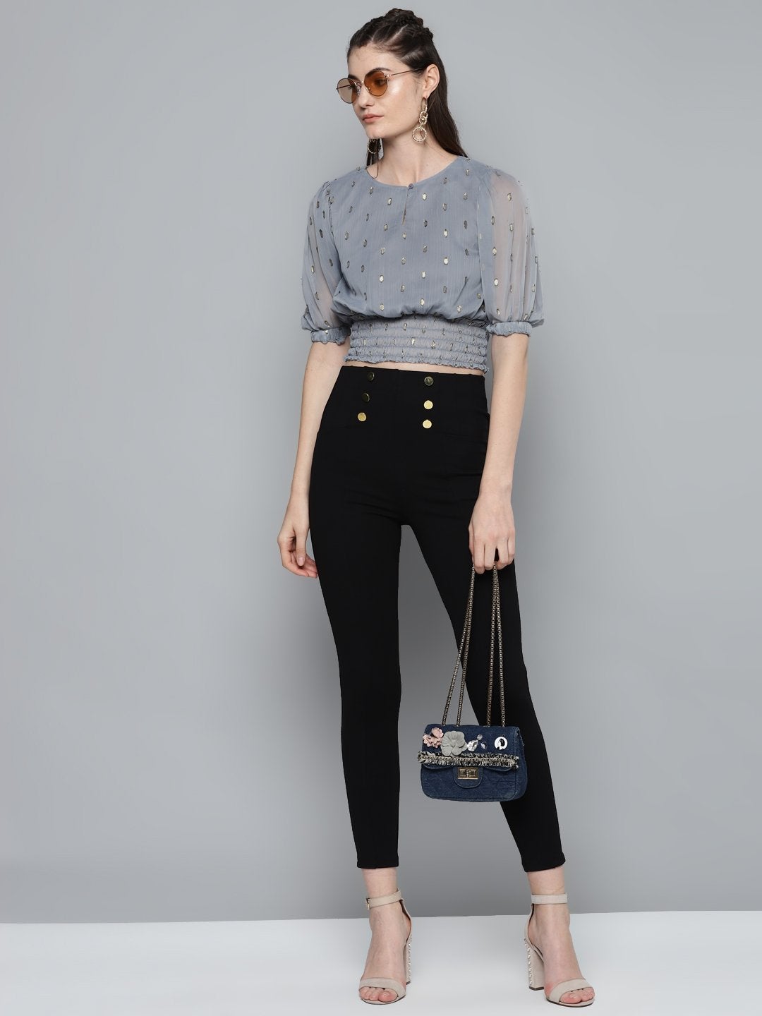 Women's Grey Lurex Smocked Waist Top