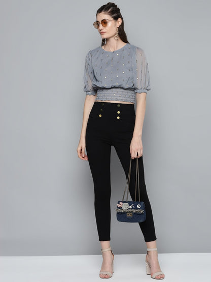 Women's Grey Lurex Smocked Waist Top