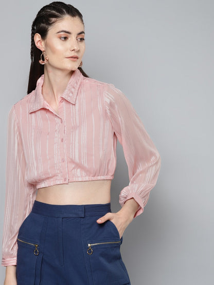 Women's Pink Lurex Crop Shirt Top