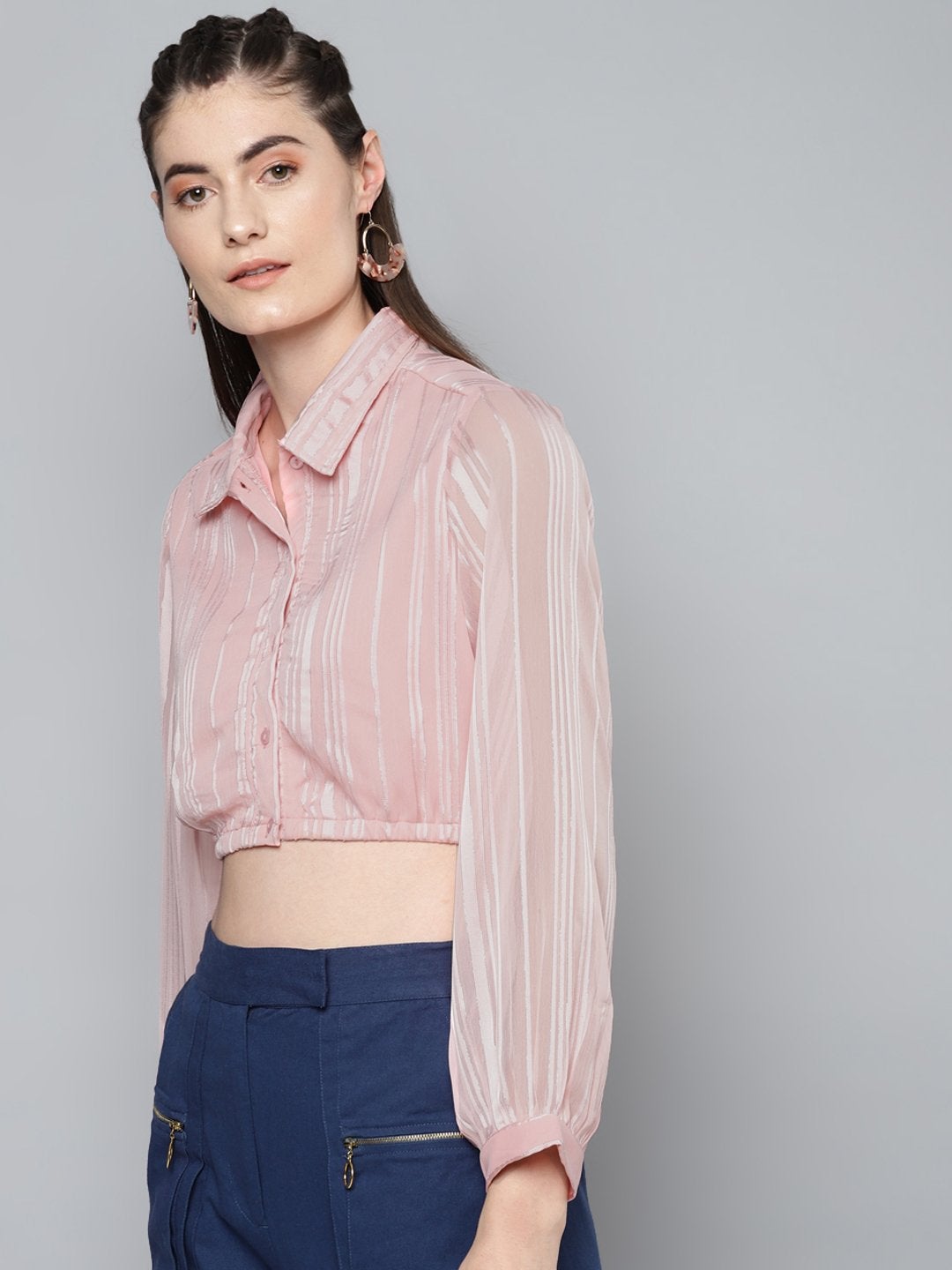 Women's Pink Lurex Crop Shirt Top