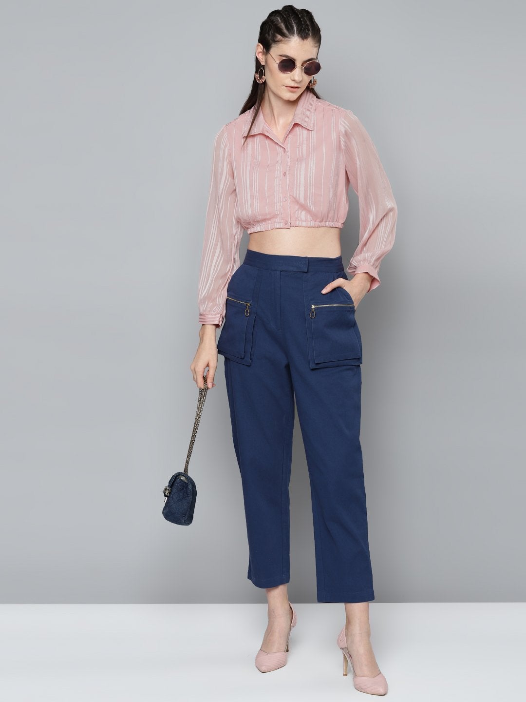 Women's Pink Lurex Crop Shirt Top