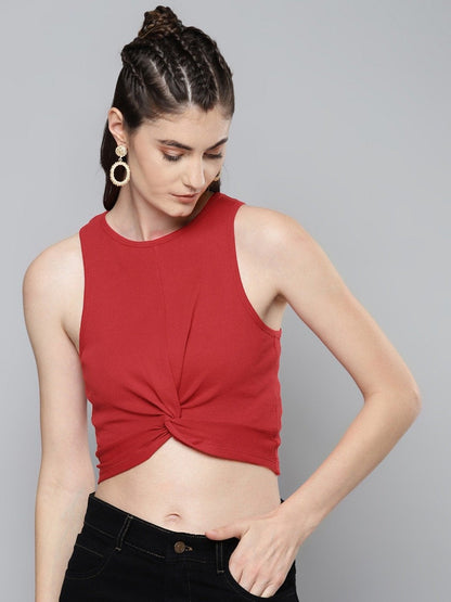 Women's Red Front Knot Crop Top